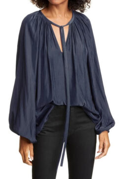 Ramy Brook Paris Poet Tie Neck Long Sleeve Top Blouse Small Blue