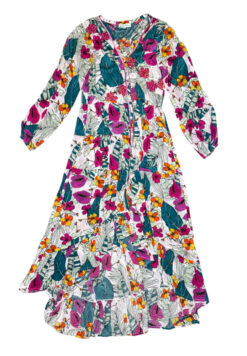 Taj Sabrina Crippa Floral Print V-Neck Long Sleeve Hi Low Maxi Dress Small