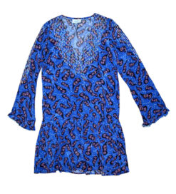Taj Sabrina Crippa Blue Floral Print Beaded V-Neck Long Sleeve Mini Dress Small