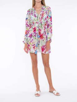 Taj Sabrina Crippa Covina White Apple Blossom Floral Long Sleeve Mini Dress