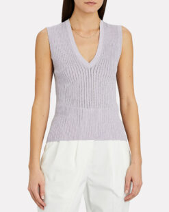 Veronica Beard Sid Rib Knit V-Neck Sleeveless Top Blouse Metallic Purple XS