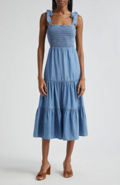 Veronica Beard Tola Blue Chambray Sleeveless Tiered Smocked Midi Dress 6