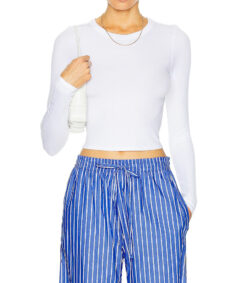 Enza Costa Women's Silk Rib Cropped Long Sleeve Crew Top Blouse XS White