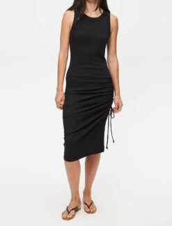 Michael Stars Hope Sleeveless Ribbed High Neck Ruched Midi Dress XS Black