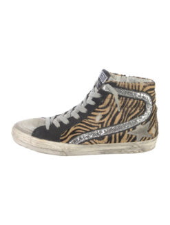 Golden Goose Slide Superstar Zebra Pony Hair High Top Glitter Sneakers Size 37