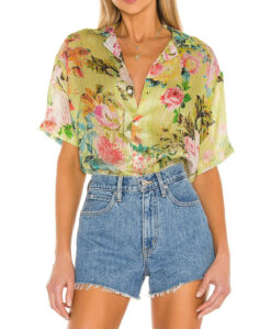 Hemant and Nandita Jolie Yellow Floral Plisse Short Sleeve Collared Top Blouse Small