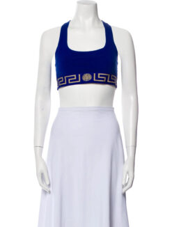 Versace Blue Greca Medusa Logo Band Square Neck Bra Crop Tank Top Size 2