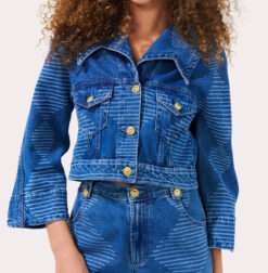 Hayley Menzies NWT Blue Denim Statement Collar Bell Sleeve Jean Jacket XS NEW