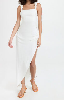 JUST BEE QUEEN Aria White Linen Ruched Asymmetric Midi Dress Small