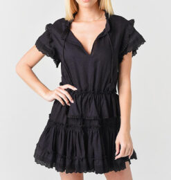 Misa Los Angeles Lillian Black Linen Cap Sleeve Ruffle Mini Dress Small