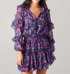 Misa Los Angeles Rizou Floral Long Sleeve Ruffle Tiered Mini Dress Small