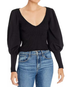 Ronny Kobo Tegan Black Ribbed Knit V-Neck Puff Sleeve Sweater Small
