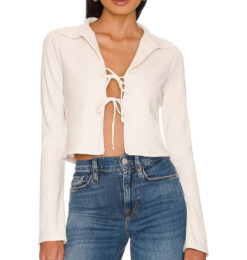 FRAME Bone Ivory Ribbed Knit Tie Front Bell Sleeve Collared Top Blouse XS