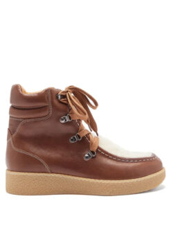 Isabel Marant Alpica Cognac Leather Shearling Hiking Ankle Boots Size 39