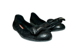 Prada Black Crackled Leather Logo Bow Ballet Flats Size 36