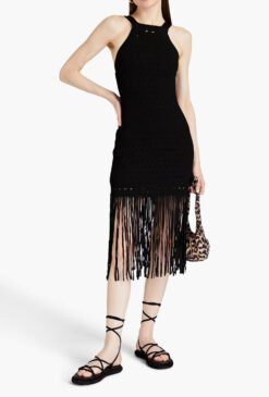 Sandro Susanne Black Stretch Knit Sleeveless High Neck Fringe Midi Dress 40