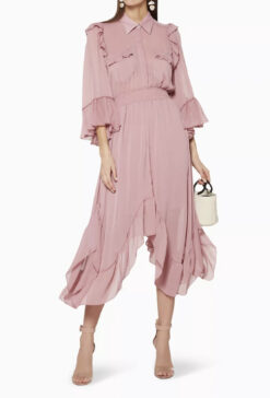Misa Los Angeles Silvya Dusty Pink Chiffon Long Sleeve Midi Maxi Dress Small