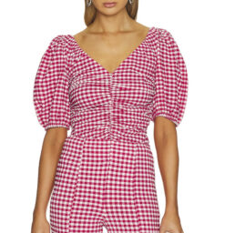 Ganni Love Potion Seersucker Ruched V-Neck Puff Sleeve Top Blouse 34/S