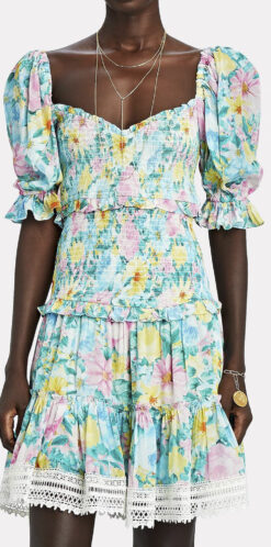 Hemant & Nandita Azalea Floral Satin Lace Smocked Boho Tiered Mini Dress Small