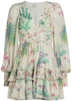 Hemant & Nandita Zaina Tropical Chiffon V-Neck Boho Tiered Mini Dress Small