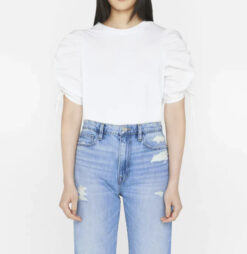 Frame White Crew Neck Ruched Tie Puff Sleeve Shirt Top Blouse Size XS
