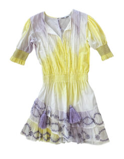 Karina Grimaldi Yellow Purple Tie Dye Smocked Tiered Mini Dress XS
