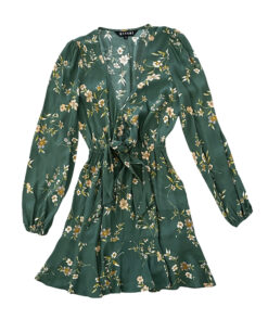 Kivari Green Floral V-Neck Long Sleeve Boho Mini Dress Size XS