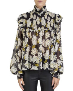 The Kooples Hortensia Floral Print Silk Long Sleeve Mock Neck Top Blouse Small