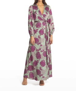 PatBo Celia Floral Satin Long Sleeve Wrap Gown Maxi Dress Size 2