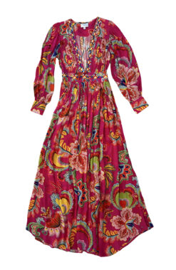 Taj Sabrina Crippa Pink Floral V-Neck Long Sleeve Maxi Dress Small