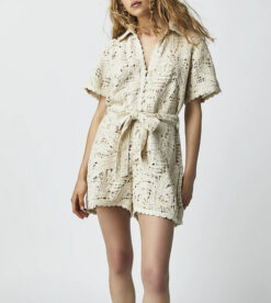 Hemant & Nandita Beige Crochet Short Sleeve Boho Belted Playsuit Romper Size XS