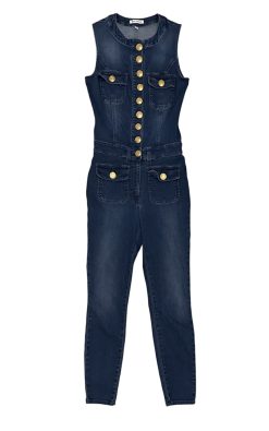 Flavio Castellani Blue Denim Gold Button Designer Sleeveless Jumpsuit 42 Italy