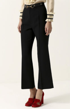 Gucci Black Wool Silk High Rise Horsebit Belt Flare Dress Pants Size 40