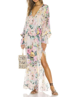 Hemant & Nandita Teien Caftan Floral V-Neck Long Sleeve Maxi Dress Small