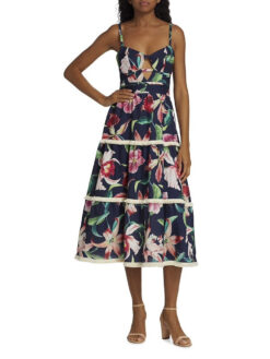 PatBo NWT Laelia Blue Floral Fringe Trim Midi Dress Size 2 NEW