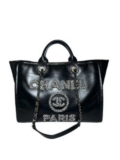 CHANEL Deauville Black Calfskin Leather Tweed Large Shopping Tote Bag SHW