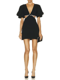 A.L.C. Hazel Black Crystal Rhinestone Cutout Puff Sleeve Mini Dress Size 0