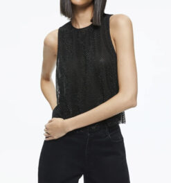 Alice + Olivia NEW Angelina Black Embellished Crystal Net Sleeveless Top Blouse Medium