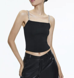 Alice + Olivia NEW Drina Black Embellished Crystal Strap Crop Tank Top Blouse Medium