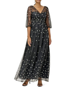 ADRIANNA PAPELL BLACK GLITTER TULLE EVENING GOWN MAXI DRESS SIZE 4