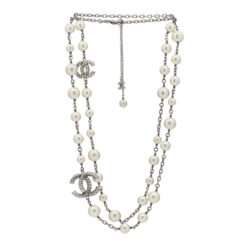 CHANEL B14C Pearl Crystal Baguette Silver CC Long Station Necklace