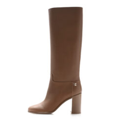 Chanel Brown Calfskin CC Logo Pull On Tall Heels Boots Size 42