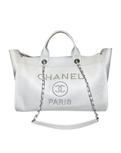 CHANEL Deauville Ivory Caviar Leather Studded Logo Large Shopping Tote Bag SHW