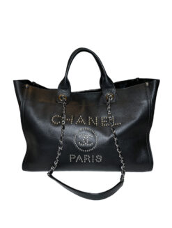 CHANEL Deauville Black Caviar Leather Studded Logo Large Shopping Tote Bag SHW