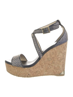 Jimmy Choo Portia Navy Marble Cork Wedge Heels Ankle Strap Sandals 40.5