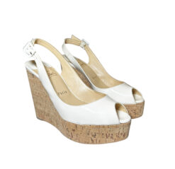 Christian Louboutin Plume White Patent Peep Toe Cork Wedge Heels Sandals 39