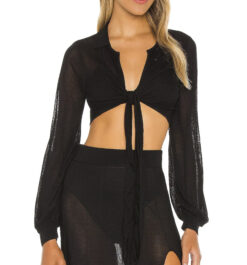 Devon Windsor Ella Black Knit Long Sleeve Tie Front Cropped Top Blouse Medium