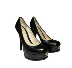 Fendi Fendista Black Leather FF Logo Platform Heels Pumps Size 39