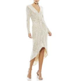 Ieena x Mac Duggal NEW 26549 Knotted Waist Nude Silver Sequin Formal Dress 4