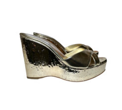 Jimmy Choo Perfume Gold Mirror Leather Wedge Heels Slides Mules Sandals 39